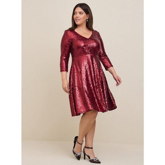 Torrid V-neck 3/4 Sleeve Burgundy Sequin Flared Dress - Size 00 (Medium 8-10) - Picture 7 of 10